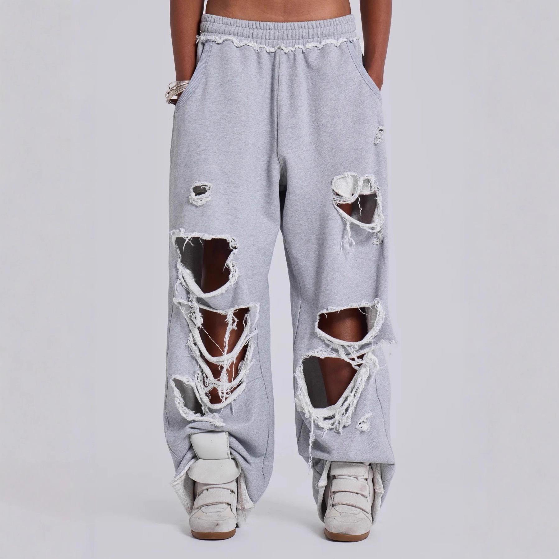 European And American Personalized Street Casual Pants High Street Hip Hop Ripped Design Wide Leg Pants Loose Sweatpants S