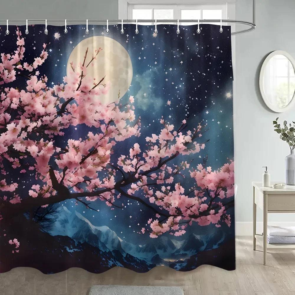 Japanische Landschaft Duschvorhänge Kirschblüte Koi Karpfen Lotus Abstrakt Berg Meer Wellen Polyester Badezimmerdekor mit Haken
