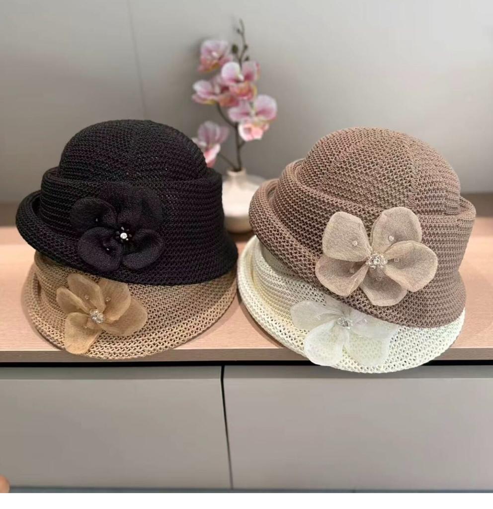 Women's Lightweight Breathable Top Hat Spring Summer Korean Style Fashionable Elegant Floral Roll-Edged Hat