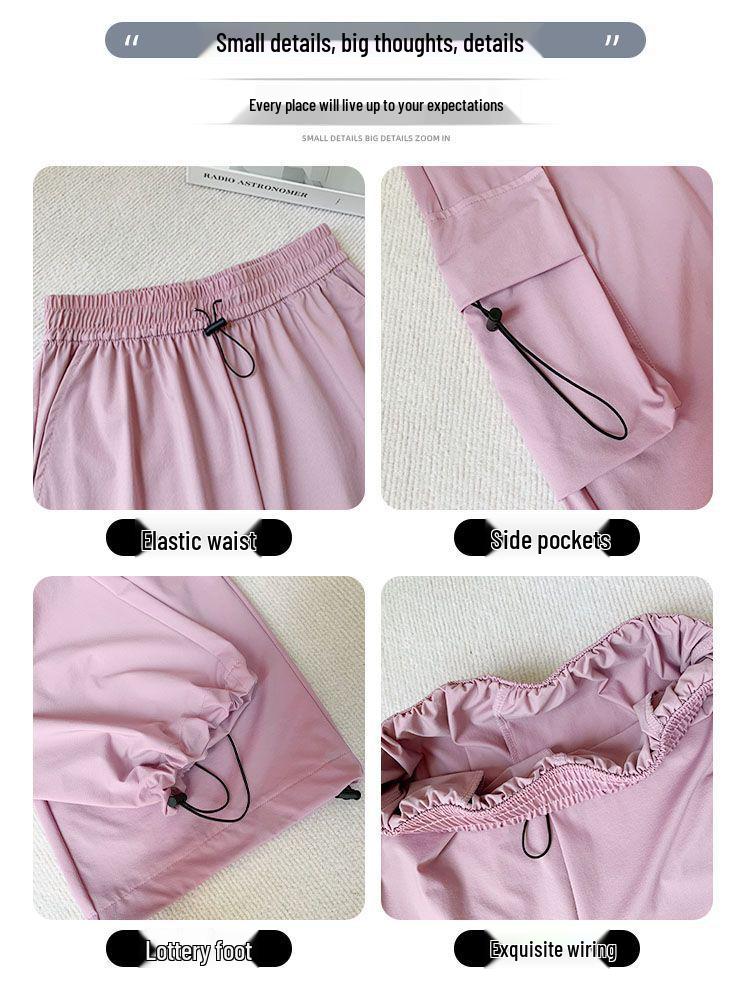 Women's High Waist Gray Wide Leg Parachute Pants - Summer Casual, Quick-Dry American Style Sportswear