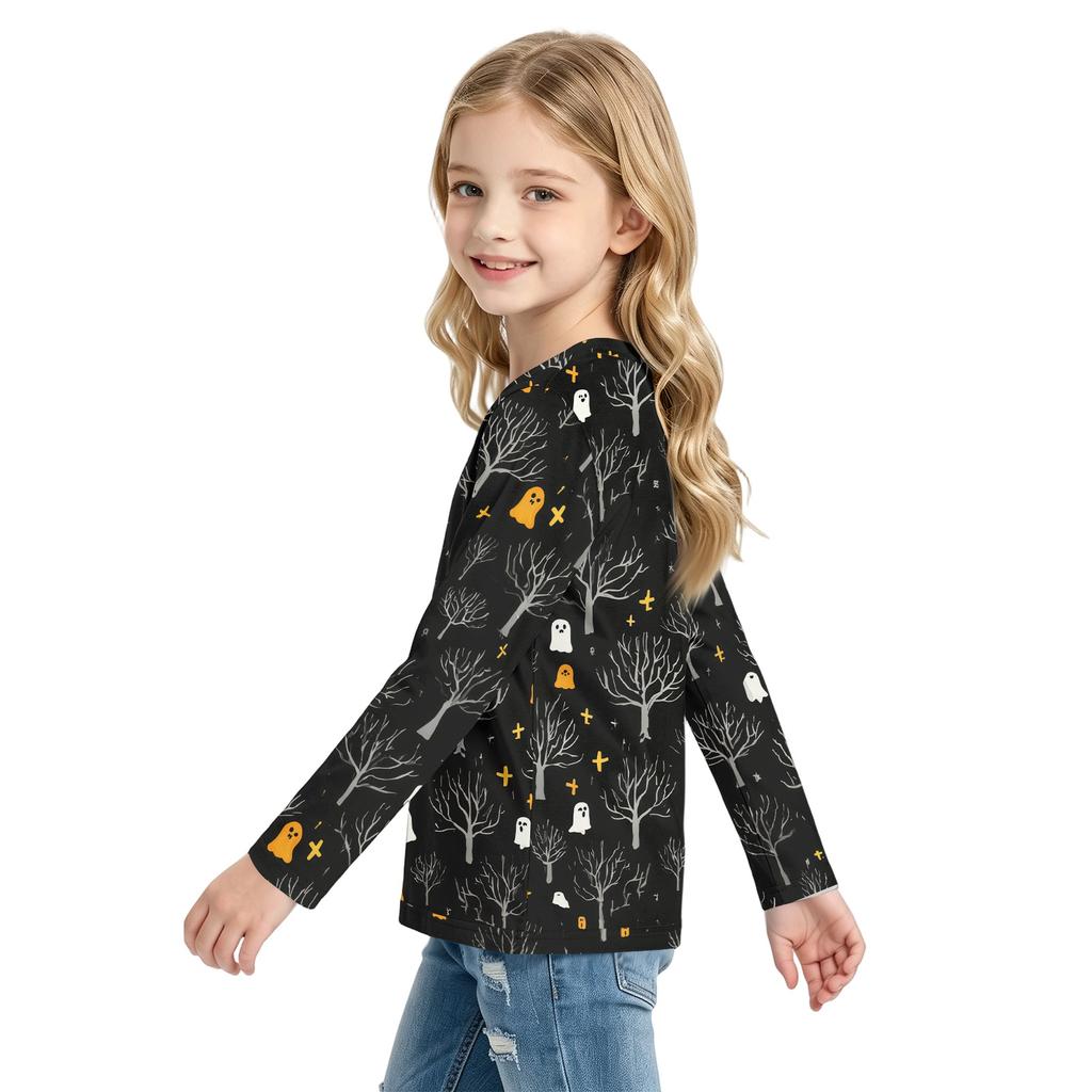 Kids' Long Sleeve Halloween Print T-Shirt with Round Neck for Everyday Wear