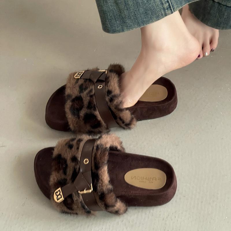 Retro design one-word belt buckle Mao Mao slippers women's autumn and winter fashion versatile belt buckle casual cotton slippers