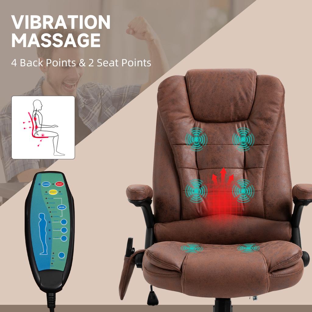 Massage Recliner Chair Heated Office Chair with Six Massage Points Microfiber Cloth 360 degrees Swivel Wheels Brown