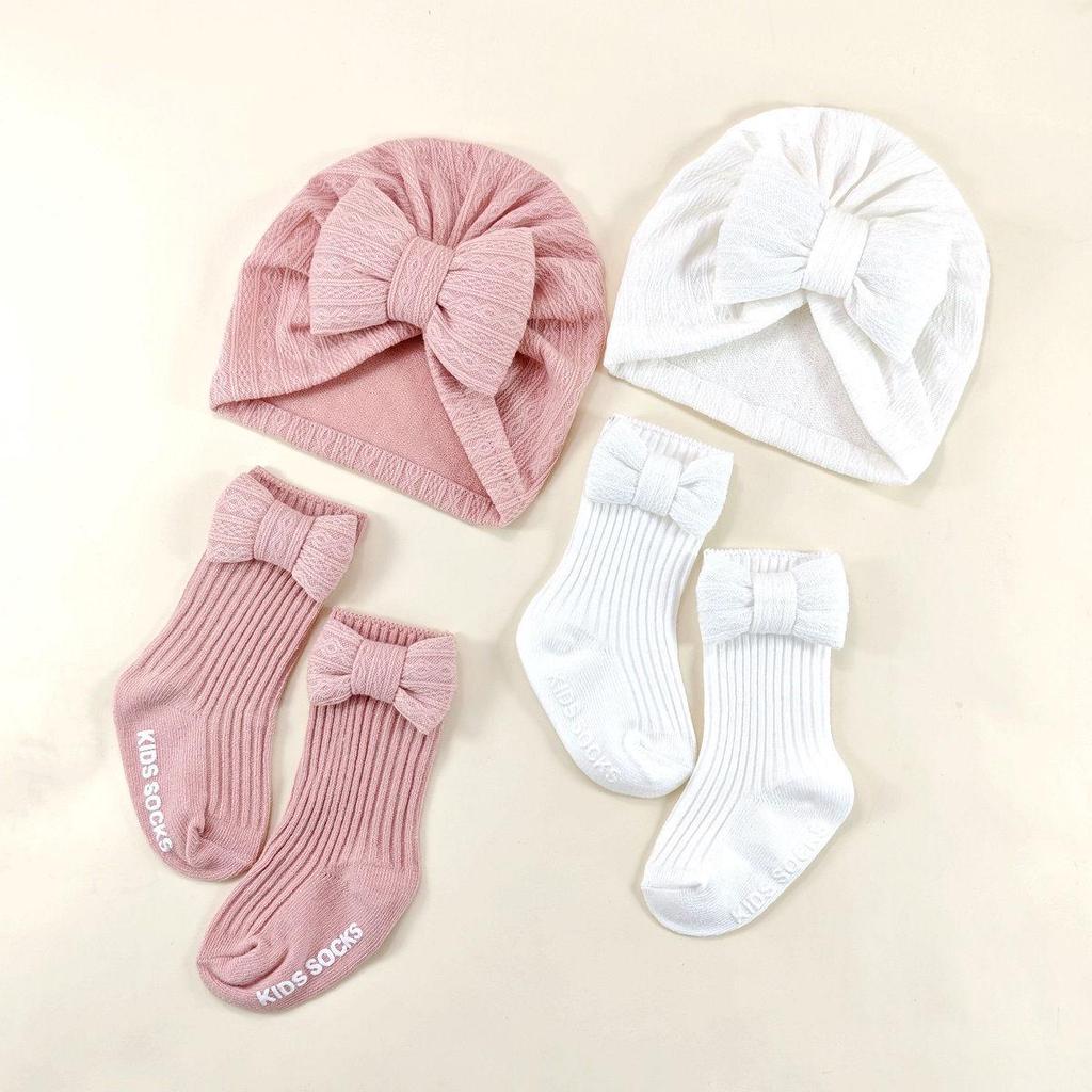 Spring & Autumn Baby Hat and Sock Set with Bow - Newborn Turban and Headband Style