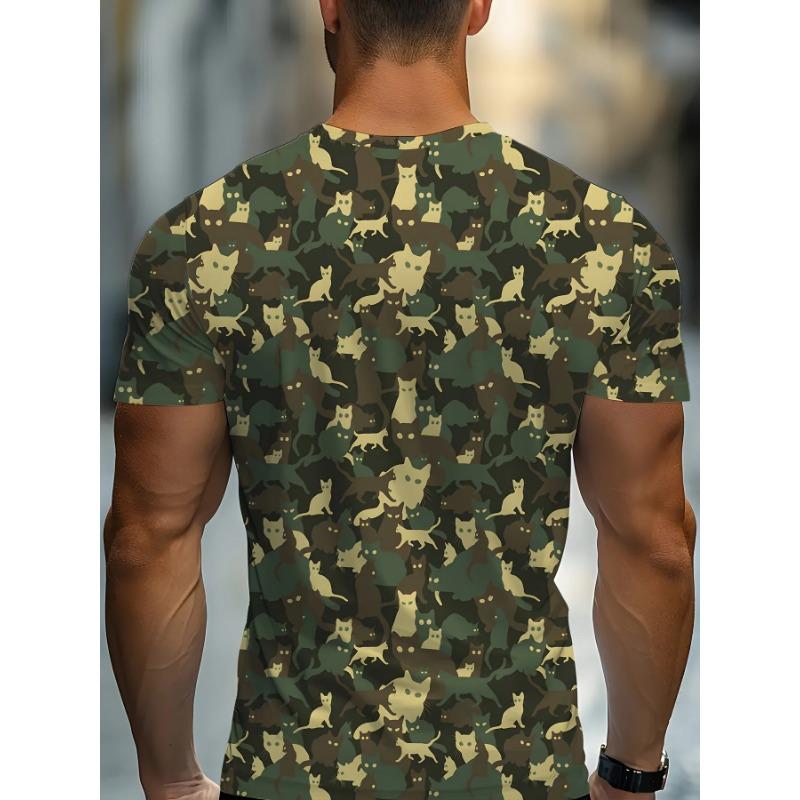 Summer Round Neck  Camouflage Kitten Pattern 3D Print Top Fashionable Casual Short Sleeved Men's T-shirts