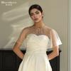 Pearl Beaded Sheer Tulle Cape Shrug, Round Neck Front Pearl Clasp Short Flare Sleeve Mesh Cover Up for Strapless Wedding Bridal Evening Gown