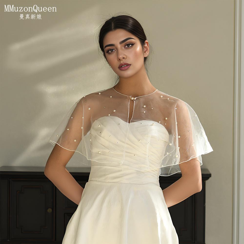 Pearl Beaded Sheer Tulle Cape Shrug, Round Neck Front Pearl Clasp Short Flare Sleeve Mesh Cover Up for Strapless Wedding Bridal Evening Gown