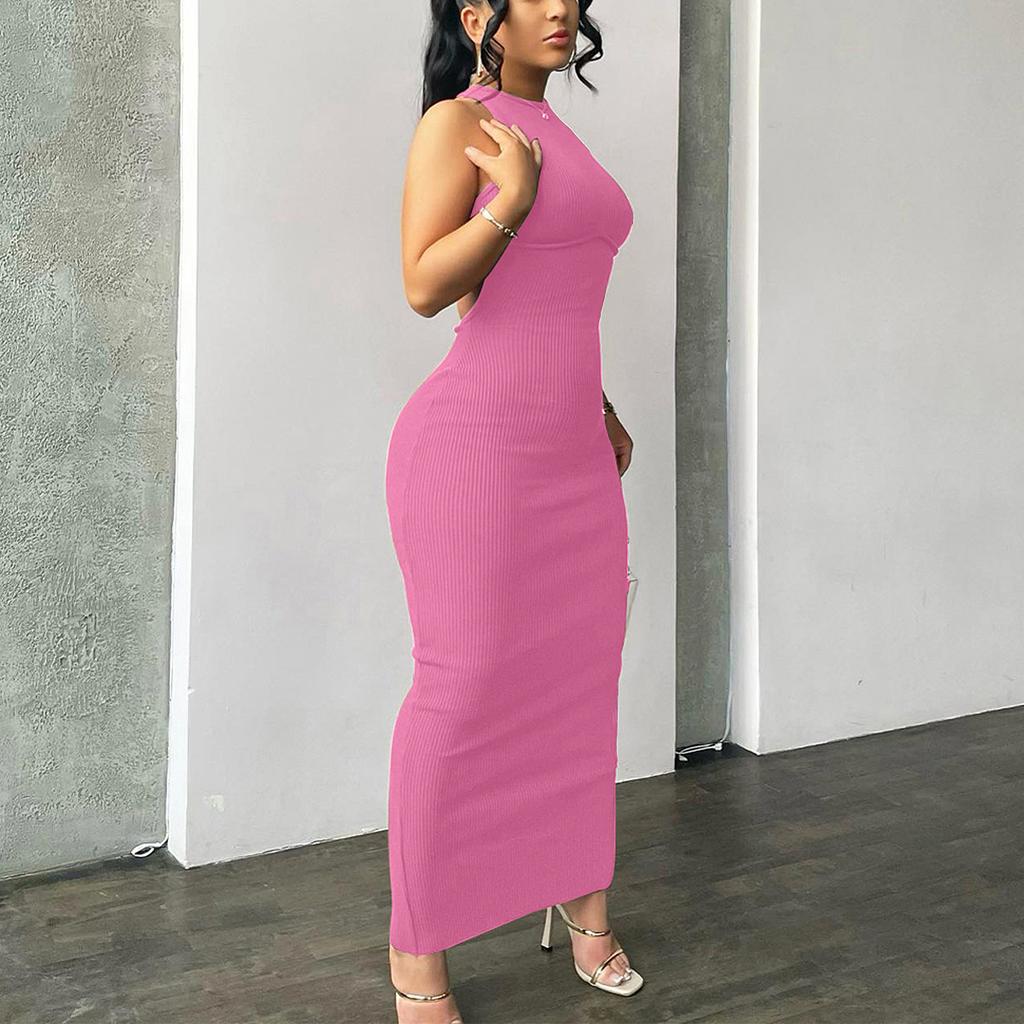 Women European Sexy Backless Halter Neck Sleeveless Slim Fit Long Bodycon Dress