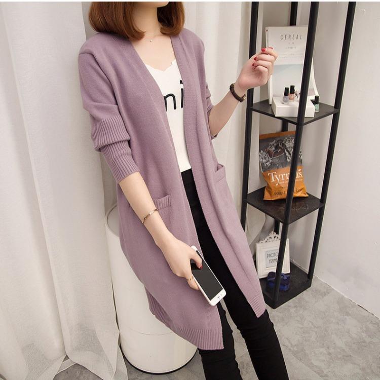 Cardigan Tricotat Lungime Medie Femei Pulover Coreean Larg Stil Lazy Culoare Solidă Jachetă Pulover cu Mâneci Lungi pentru Toamnă și Iarnă