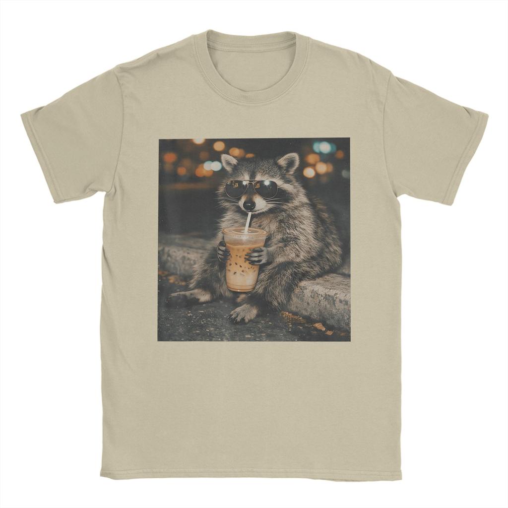 Raccoon Drinking Iced Coffee Funny Animal Meme Cotton TShirt For Mens Beach TShirts ONeck Tee Shirt Oversized Cheap Tops