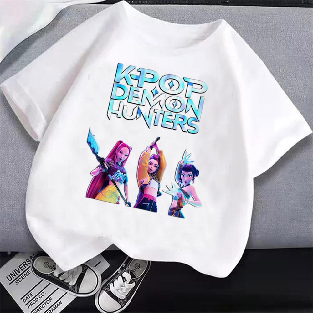 Koreansk Populær Devil Hunter Gutter og Jenter T-skjorte Anime Tegneserie Emoji Trykk Klær Barns Rund Hals Basis T-skjorte Fritidsskjorte