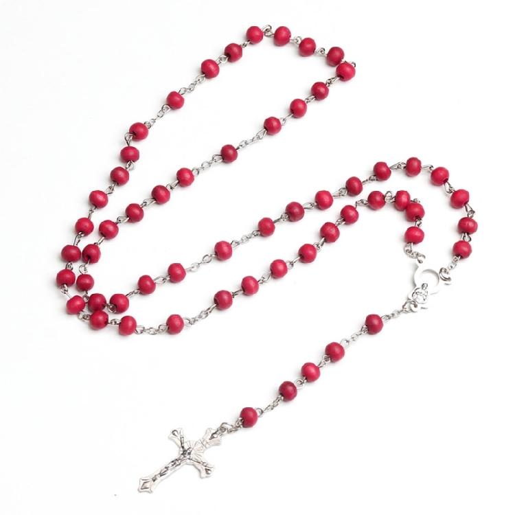 Crossed Rose Sutra Wood Necklace Wooden Beads Red Rosary Catholic Necklaces
