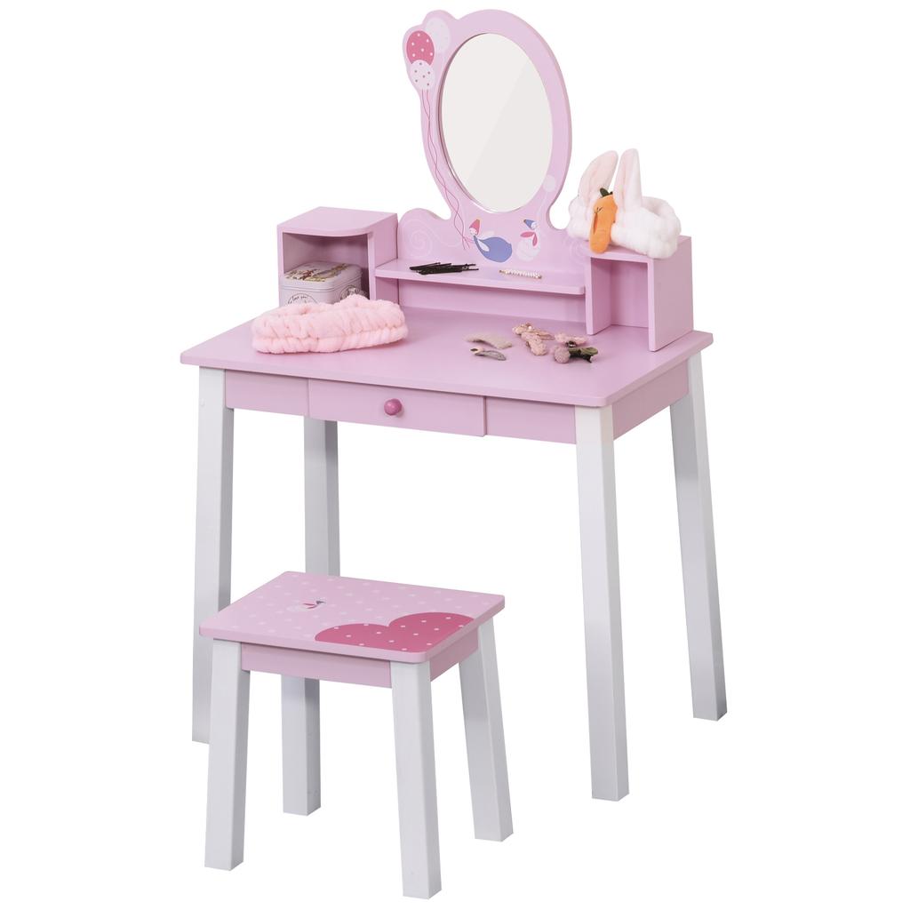 Kids Wooden Dressing Table and Stool Make Up Desk (Pink)