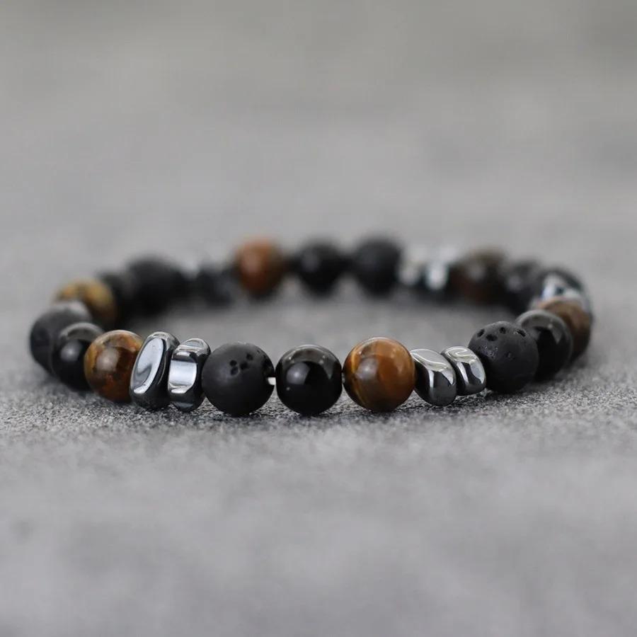 Natural Hematite Stone Beaded Bracelet Men Handmade Unfading Strand Braclet Jewelry Office Leisure Homme Accessories