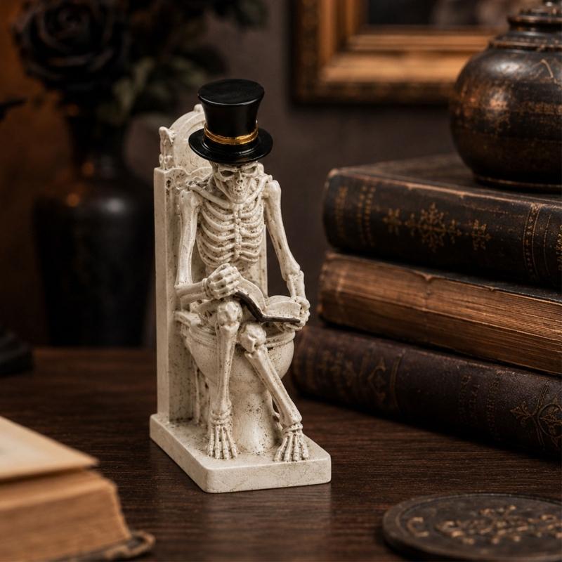 Shelf Display Skull Reader Figure for Desk Accent, Toilet Seat Book Scene, and Dark Humor Room Theme Presentation Piece for Seasonal Use