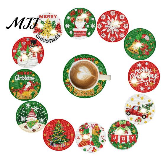 Creative Desktop Ornament Sets 12 Pcs Christmas Faux Diamond Painting Art Coasters, DIY Rhinestone Coasters Drill Crafts for Adults Kit with