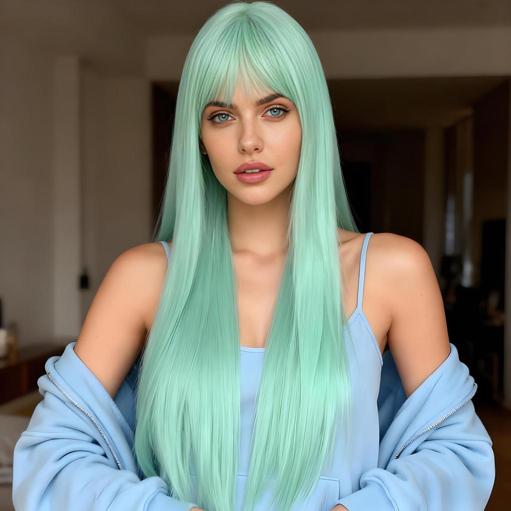 Minzgrüne Lange Gerade Anime Cosplay Perücke mit Luftigem Pony für Damen