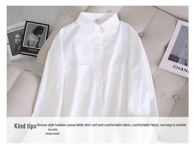 Spring Korean Style White Long Sleeve Slimming Shirt for Plus Size Women