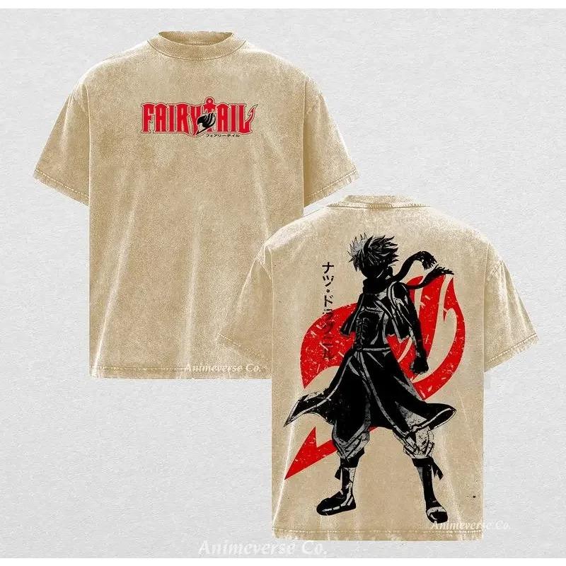 2025 Винтажная стираная Манга Хвост Феи Нацу Драгнил Графическая футболка Оверсайз футболка Мужская Женская одежда Хлопок Короткий рукав Футболки S