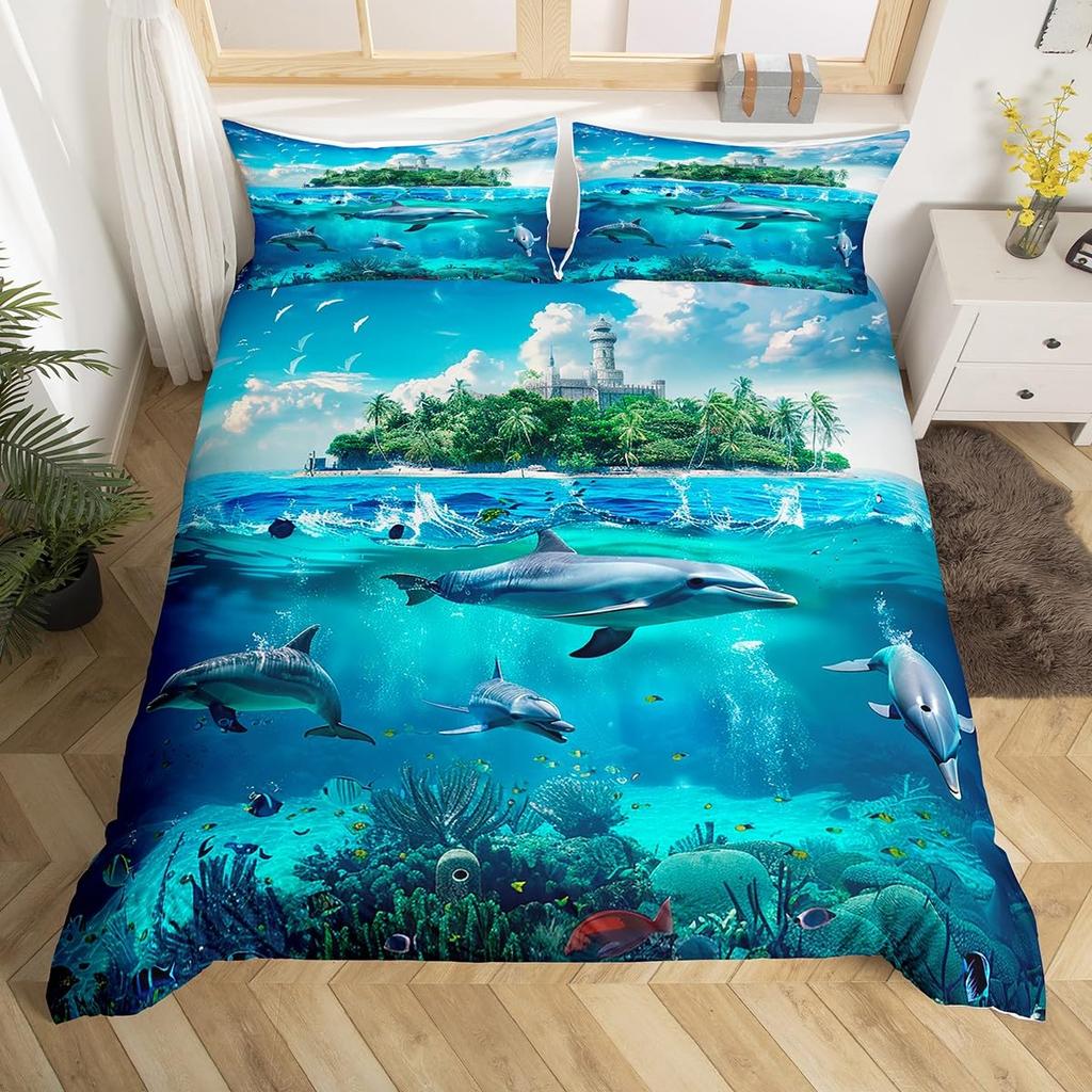 Comforter Jumping Dolphin Marine Themed Bedding Set King Full Twin For Kids Adults Decor Microfiber Ocean Animals