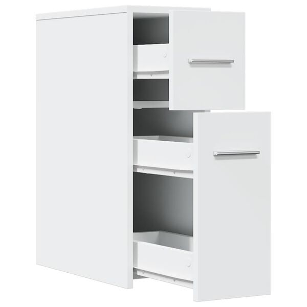 Narrow Wheeled Bathroom Cabinet, Bathroom Corner Storage Cabinet, White Engineered Wood