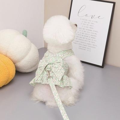 Camanne Pastel Small Flower Pattern Dog Spring and Summer Dog Harness Clothes Skirt Skirt Leash Set, L, Green Skirt