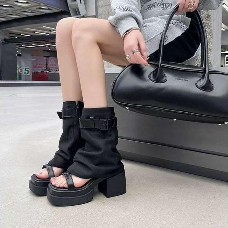 Designer Women's Cool Boots Fashion Belt Buckle Mid-calf Boots 2026Summer New Gladiator Sandals Open-toed Thick Heeled Sandalias