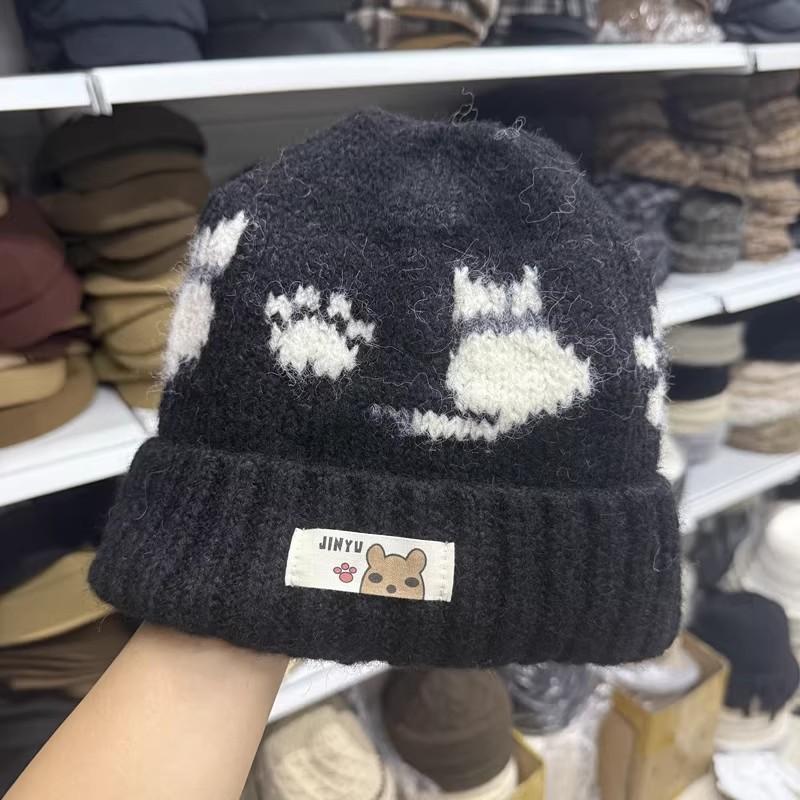 Cute Cartoon Kitten Age-reducing Wool Hat for Women, Warm In Autumn and Winter, Large Elastic and Thin Knitted Hat, Casual Cold Hat