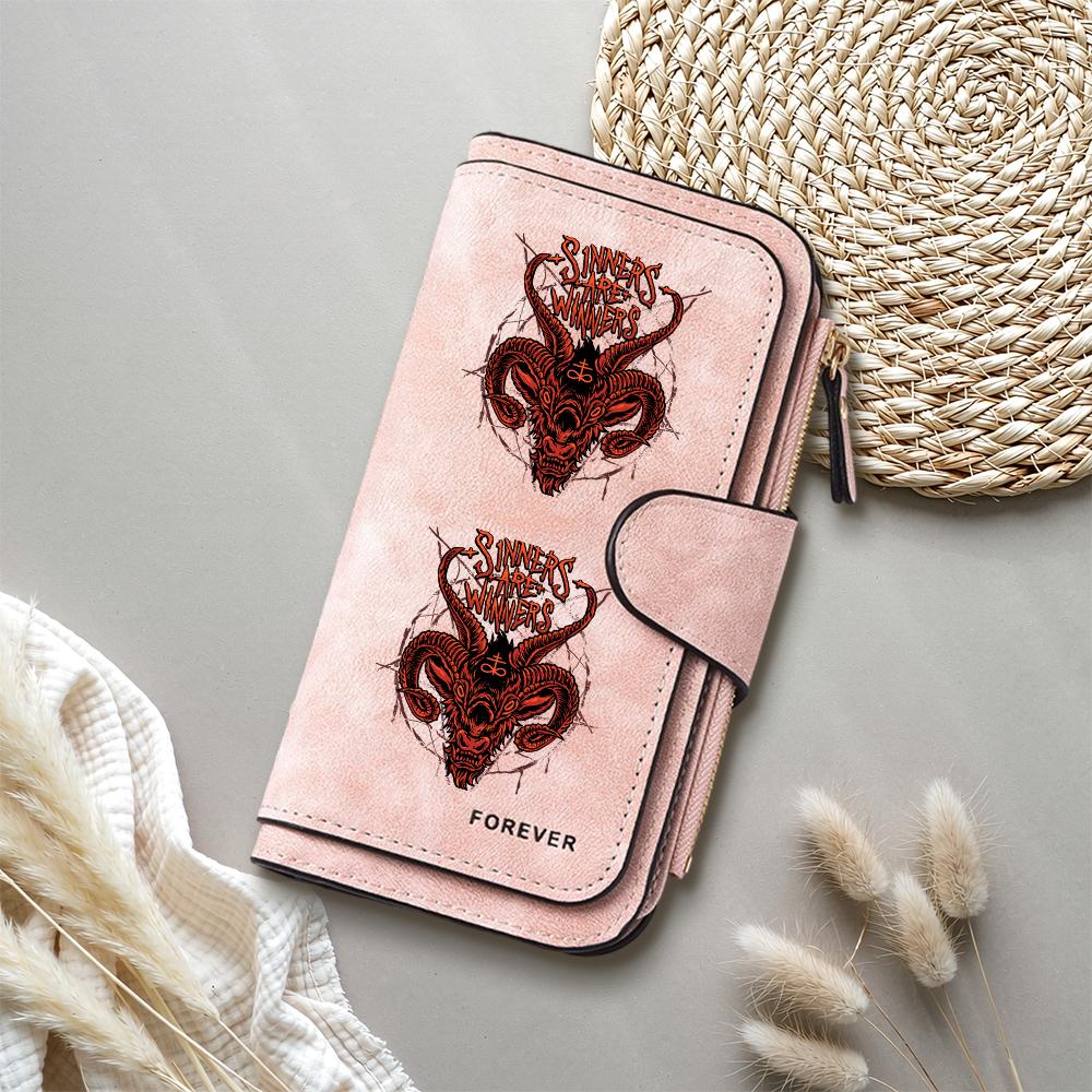 Gothic Baphomet Print Leather Wallet Long Card Holder Zipper Purse for Women