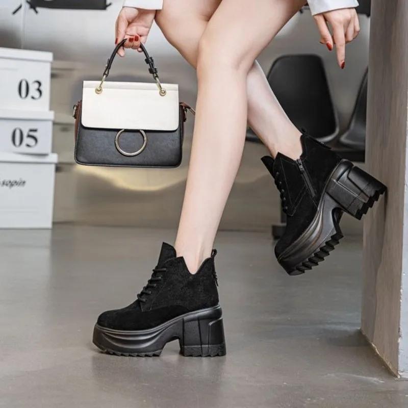 Fashion 9CM Suede Leather Spring Chunky Heel Ankle Boots Platform Wedge New Autumn Women Vulcanized Increase Casual High Heels ZIP Shoes