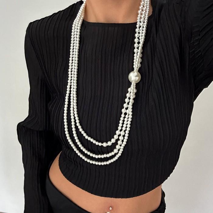 Big Pearl Long Chain Necklace for Women Elegant Tassel Beads Necklace Sweater Chain Wedding Jewelry