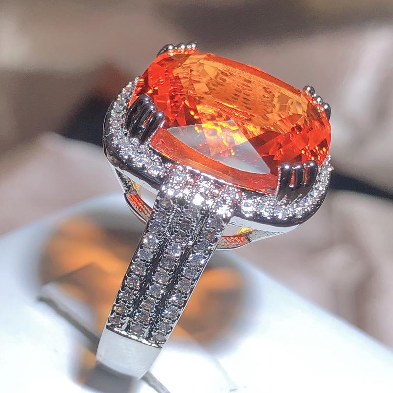 Square Large Orange Gem Ring Bohemian Style Wedding Ring For Women Micro-inlaid Zircon Ring Party Jewelry Engagement Ring