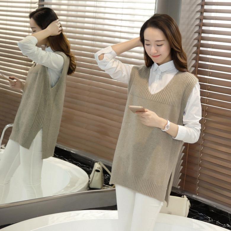 Mid-length Sweater Vest Women's Korean-style Solid Color Loose Knitted Sweater Large-sized V-neck Knitted Sweater Vest