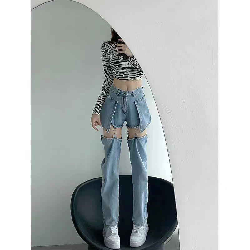 High Waist Ripped Denim Jeans for Women Summer Thin Removable Two Piece Design Straight Leg Trendy Pants