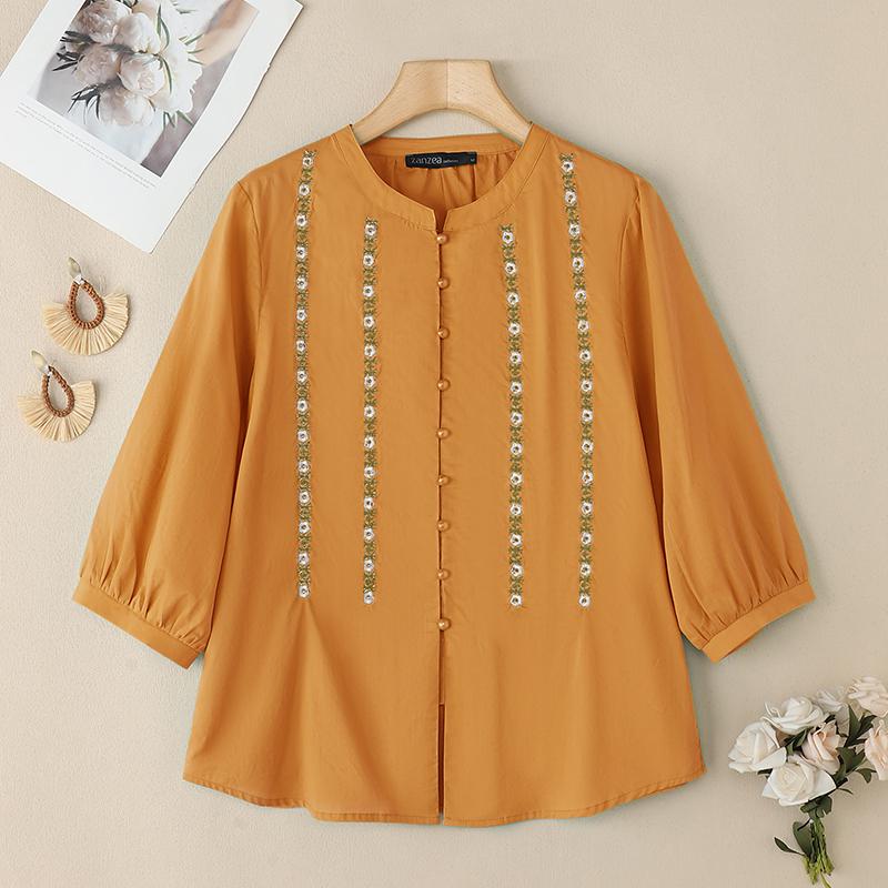 

ZANZEA Women Casual Round Neck 3/4 Sleeve Loose Embroidery Blouse XL оранжевый
