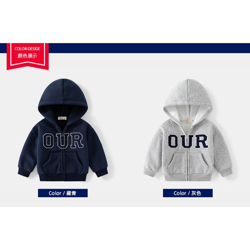 Boys Casual Letter Printed Fleece Lined Hooded Long Sleeve Zip Up Jacket
