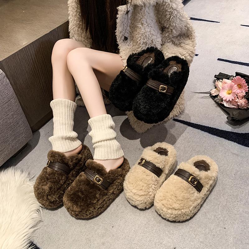 Thick Bottom Inner Height Increase, Small Fluffy Slippers for Women To Wear Outside Autumn and Winter New Models, Velvet One-pedal Cotton Mop
