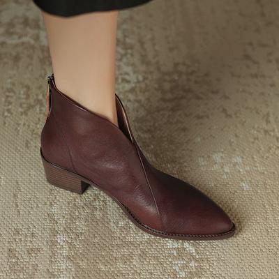 Cow Leather Winter Round Toe Thick Med Heels Chelsea Boots Women Zipper Retro Vintage Ankle Boots