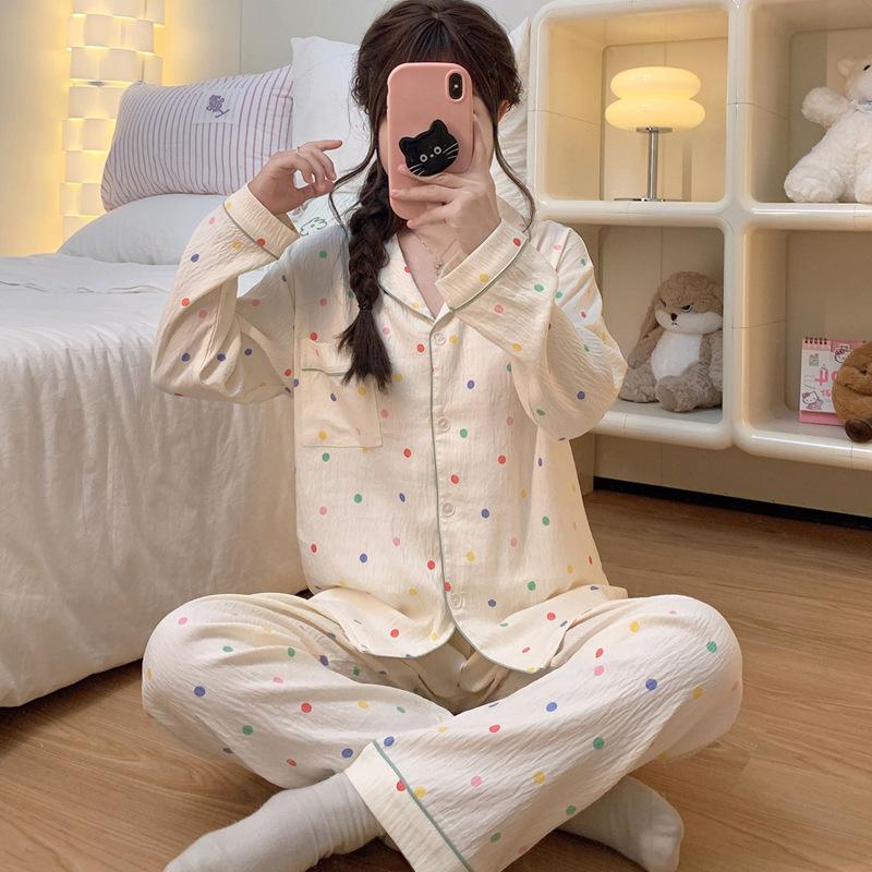 Autumn Simple Style Colored Small Polka Dot Loungewear Cloud Cotton Pajamas Women'S Long-Sleeved Suit Can Be Worn Outside