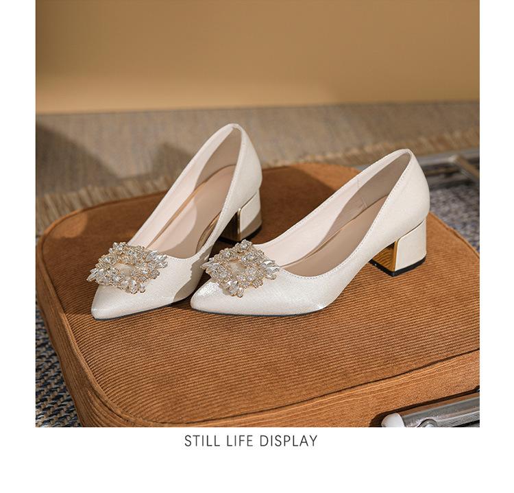Fashion Rhinestone Buckle Wedding Shoes Women's 2024 Autumn New British Style Pointed Thick Heel High Heels Shallow Single Shoes Women's Shoes