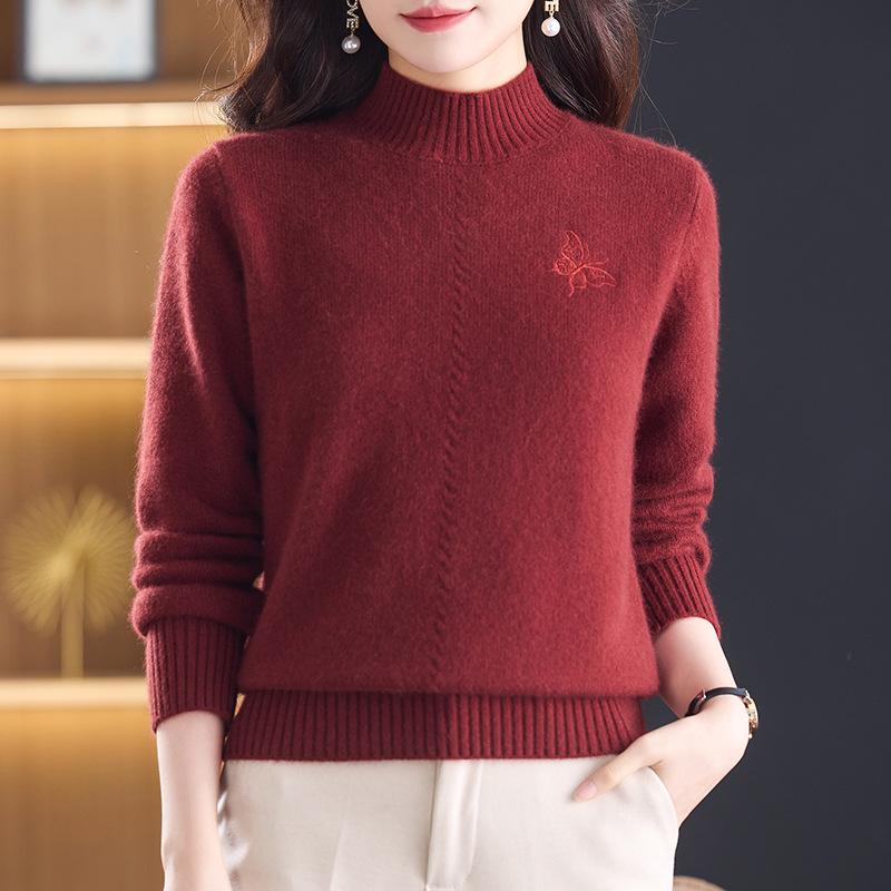 Women's Warm Cashmere Sweater with Embroidered Half-High Collar - Autumn/Winter Fashion Base Layer