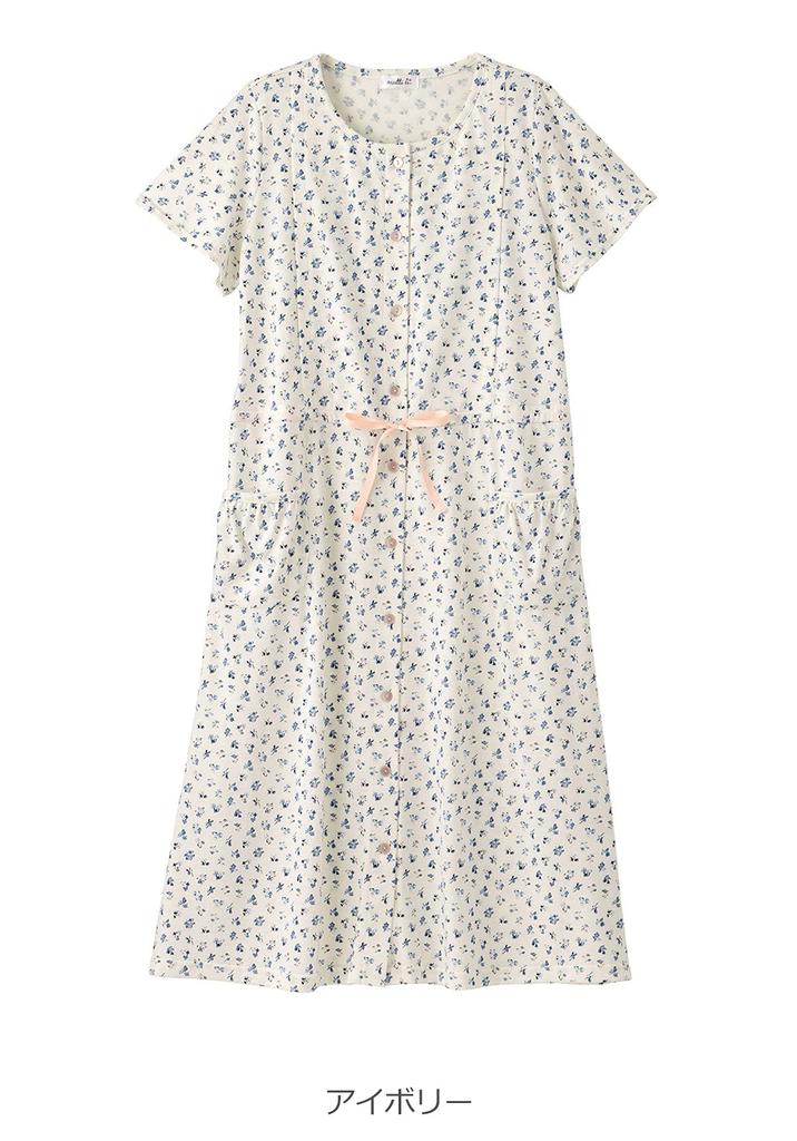 Maternity Nursing Front Jersey Floral Short Sleeved and Hospital Size Ivory [ANGELIEBE] Pajamas, Wear, Opening, Knit, Print, Nightgown, Pre-