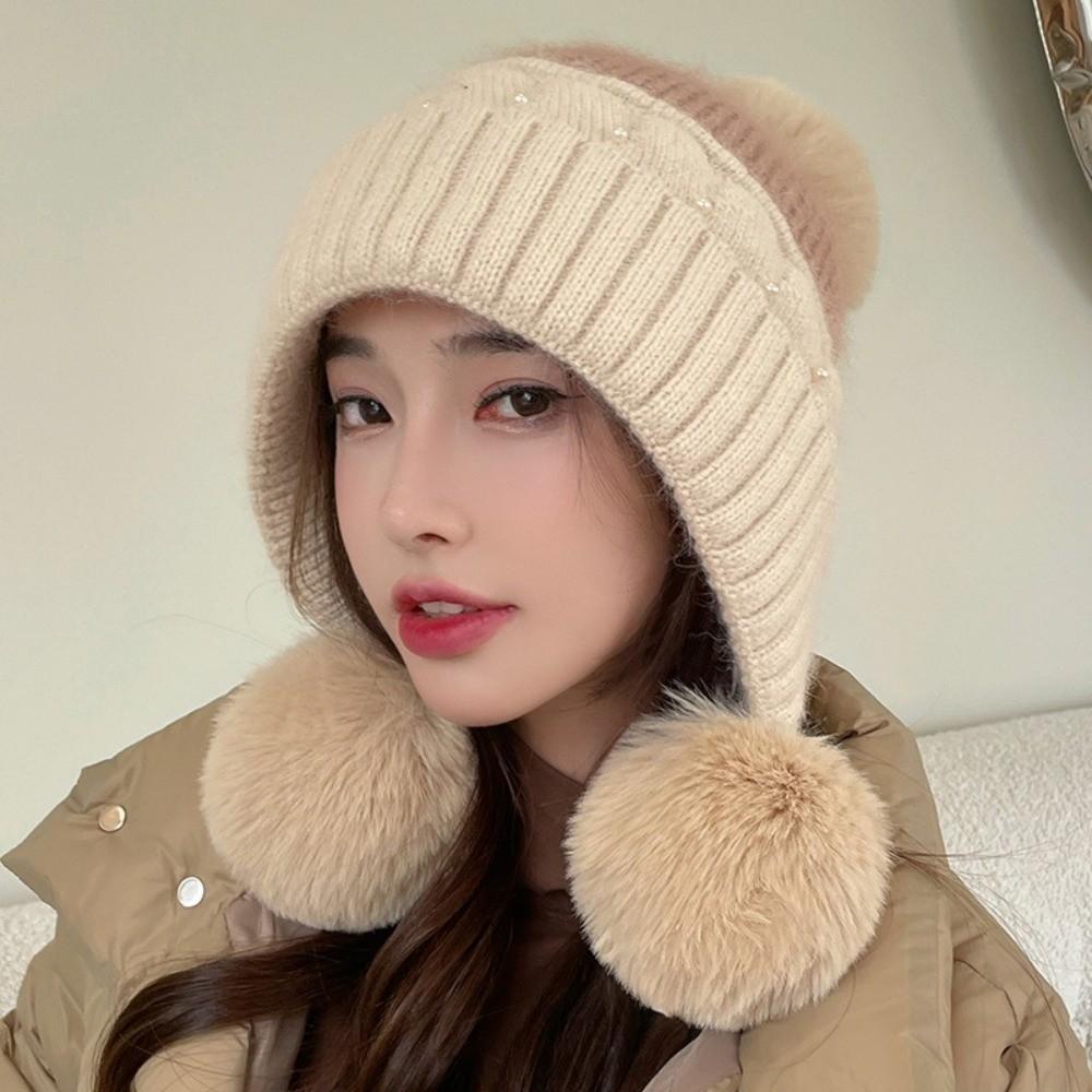Solid Color Plush Beanie Hat Windproof Ear Protection Hat Simple Woolen Knitted Cap Ladies