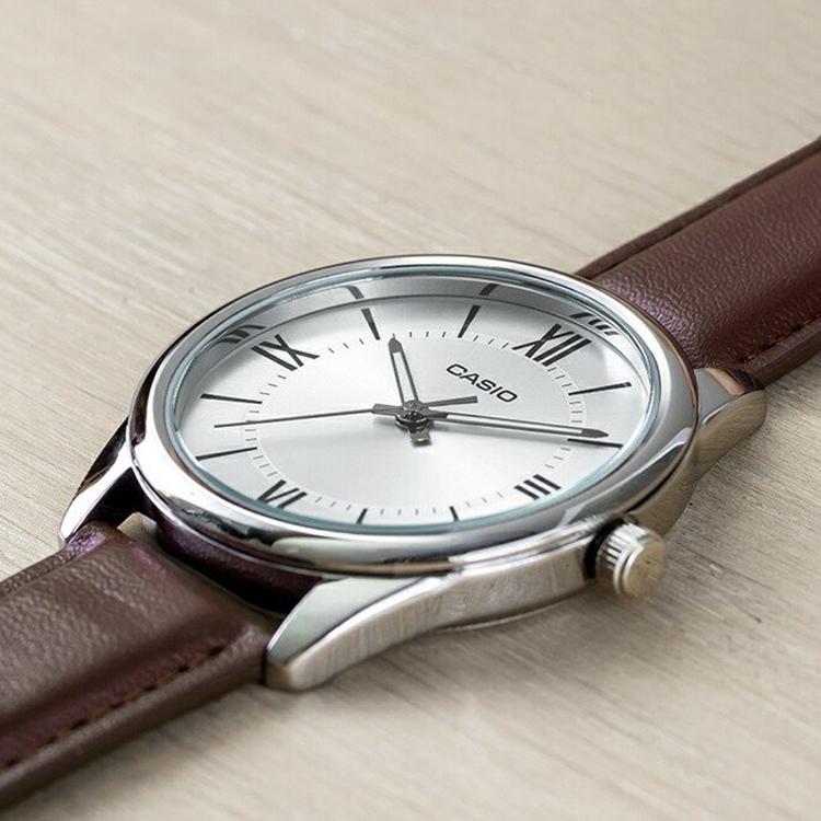 Casio Standard Series Simple Retro Small Round Watch Business Fashion Quartz Movement Leather Strap Men watches Silver MTP-V005L-7B5