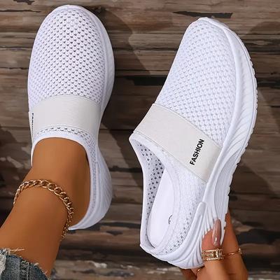 Women's White Slip-On Casual Sneakers - Breathable Fabric Netted Slippers