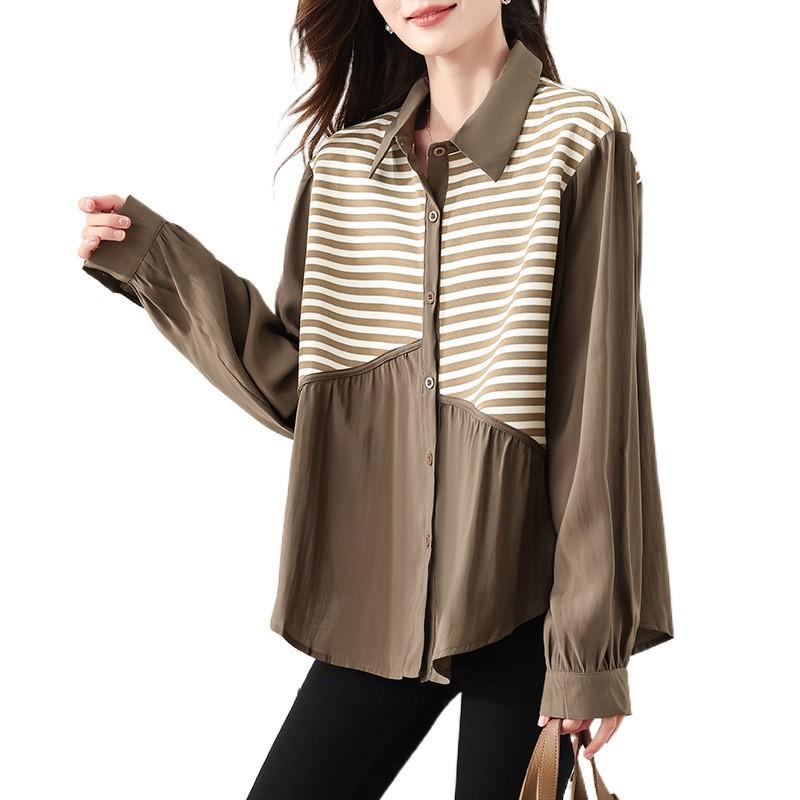 Johnature Dzianinowa koszulka polo patchworkowa Wiosna Jesień Casual Prosta Paski Nieregularna Luźna Damska Top