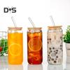 Glass Tumbler with Bamboo Lid Brushes Straw 470ml Can Shaped Glass Cups for Iced Coffee Soda Tea Beer & Ice Coffee Glasses Reusable Glassware