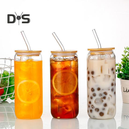 Glass Tumbler with Bamboo Lid Brushes Straw 470ml Can Shaped Glass Cups for Iced Coffee Soda Tea Beer & Ice Coffee Glasses Reusable Glassware