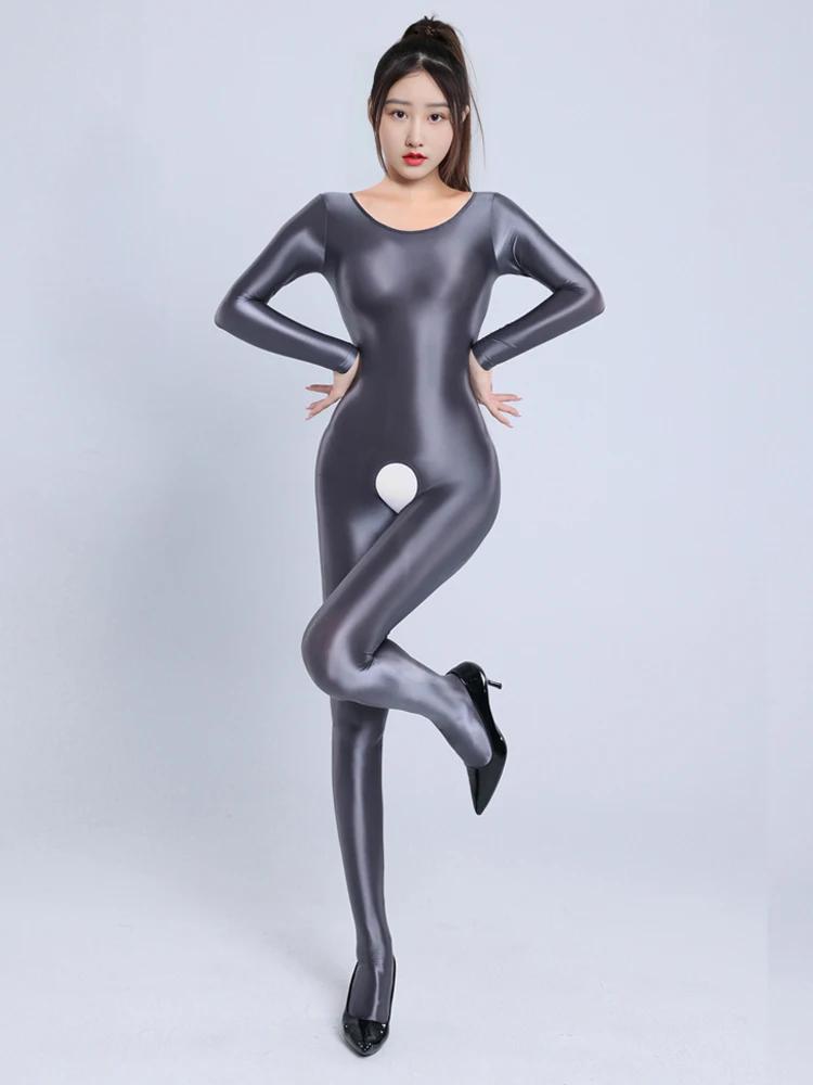 Erotic Crotchless Lingerie Women Full Body Jumpsuit Oil Shiny Elastic Bodysuit Long Sleeve Bodycon Yoga Sport Gym Fitness Romper