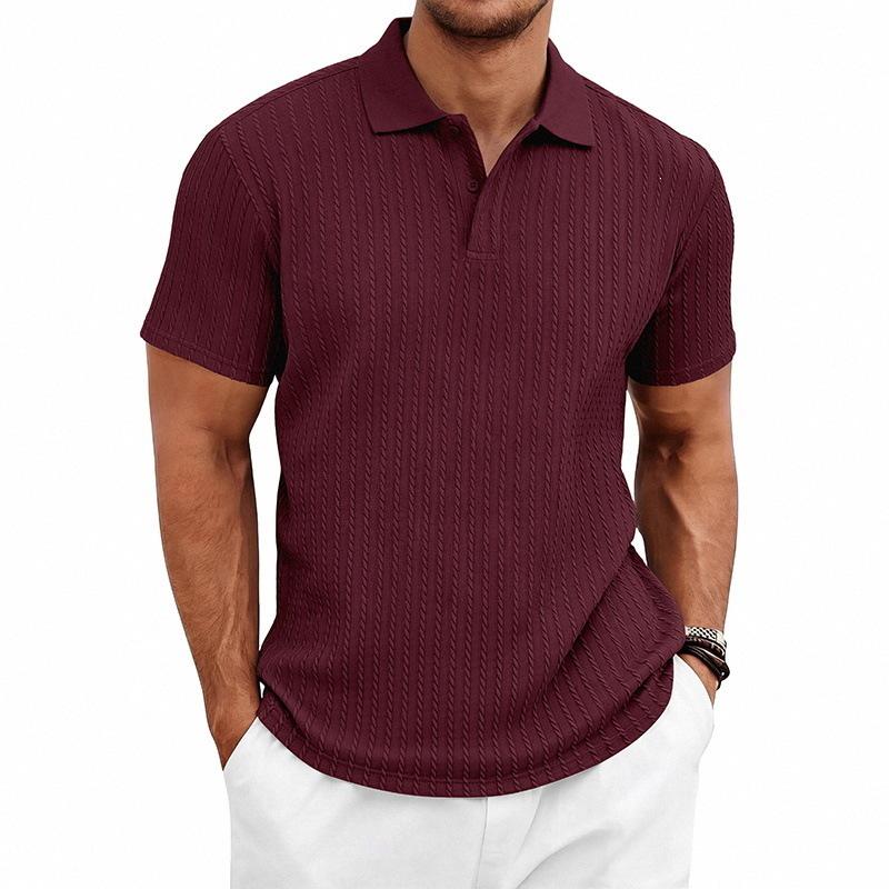 Men's Textured Vertical Stripe Polo Shirt - Summer Short Sleeve Lapel Tee, Breathable & Casual